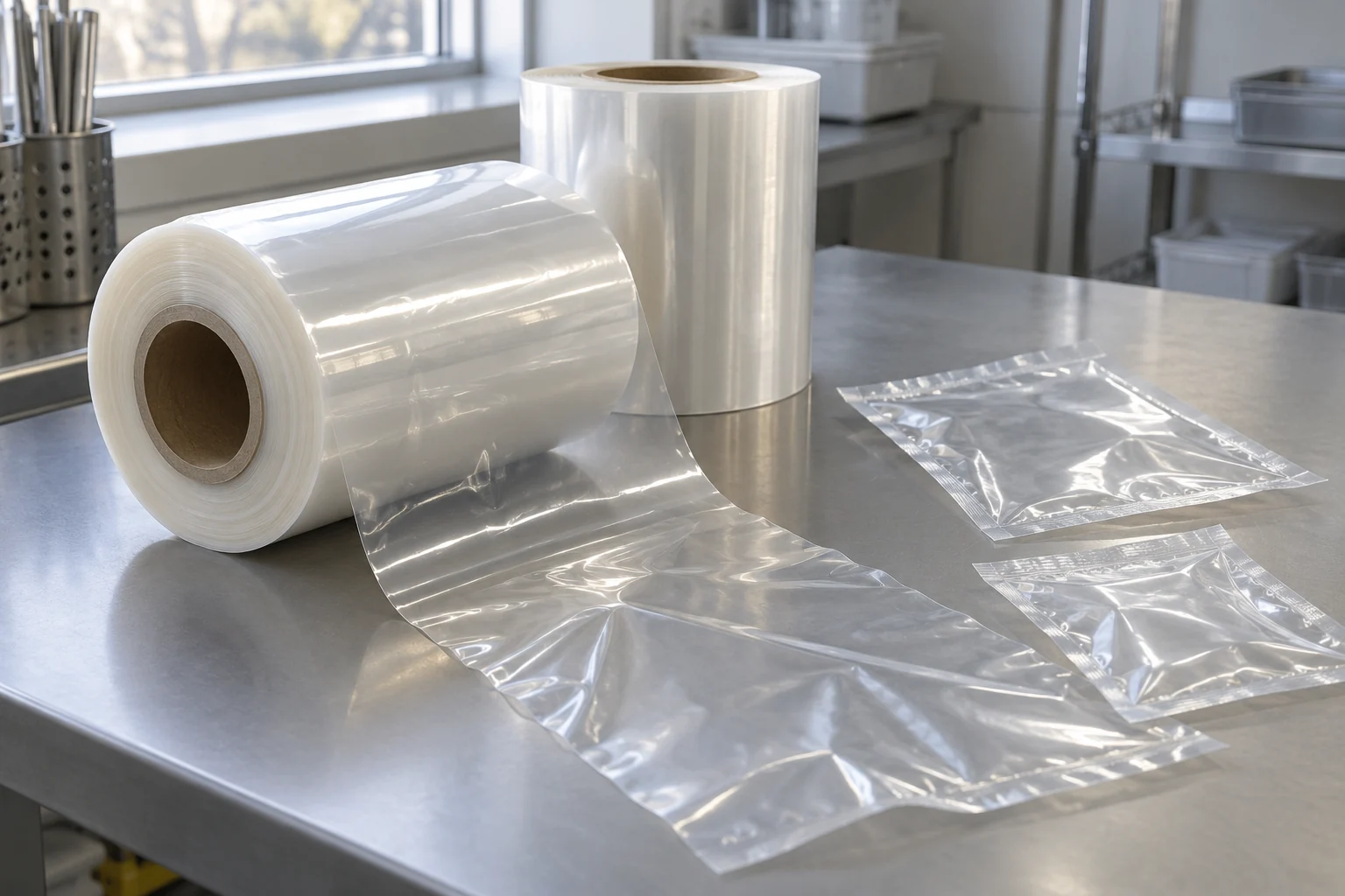 Transparent film rolls and plain empty pouches on an industrial bench
