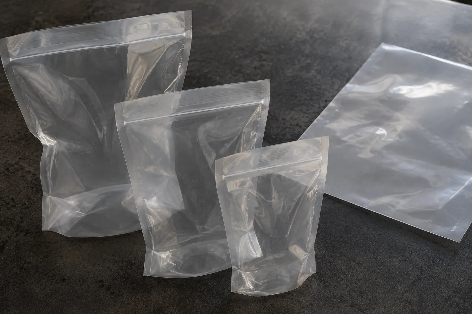 Plain transparent pouches and a flat film sample with sealed edges visible